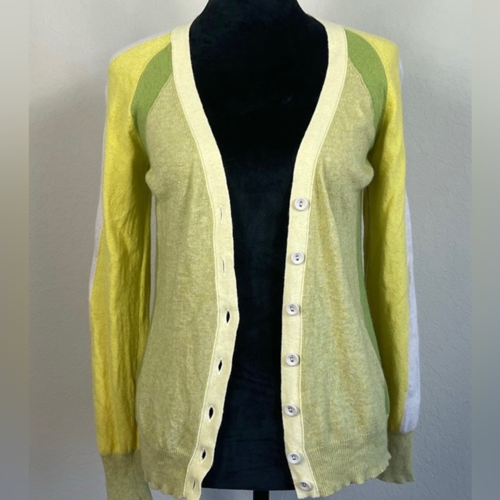 Anthropologie Guinevere Green/Yellow Wool Cashmere Blend Button Cardigan Size L